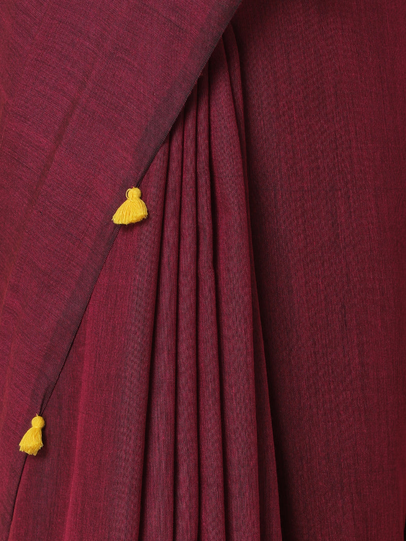 Deep Maroon Cotton Saree With Tassels-Binks
