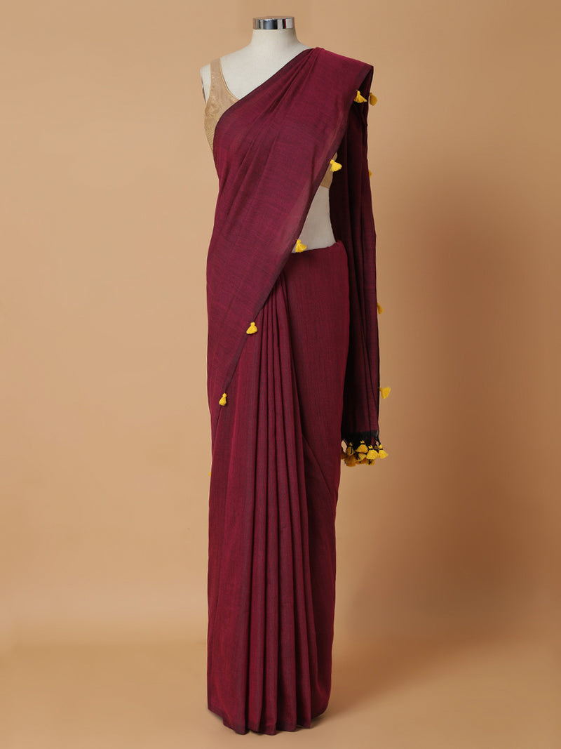 Deep Maroon Cotton Saree With Tassels-Binks