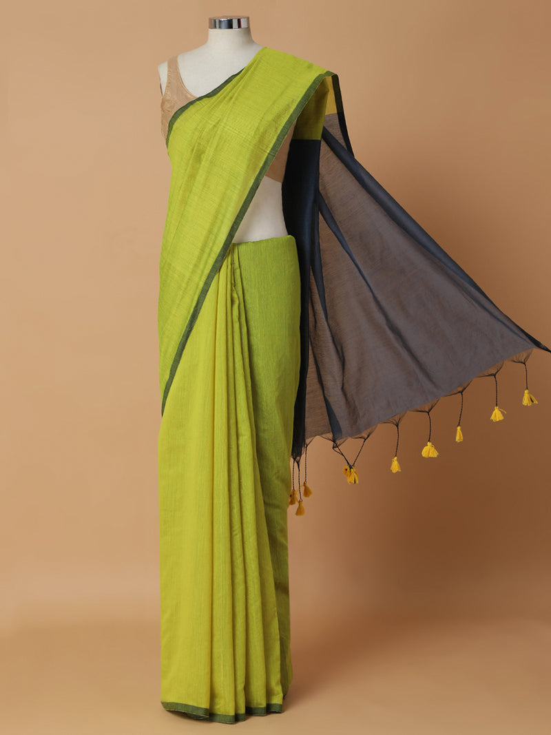 Vibrant Lime Green Cotton Saree-Binks