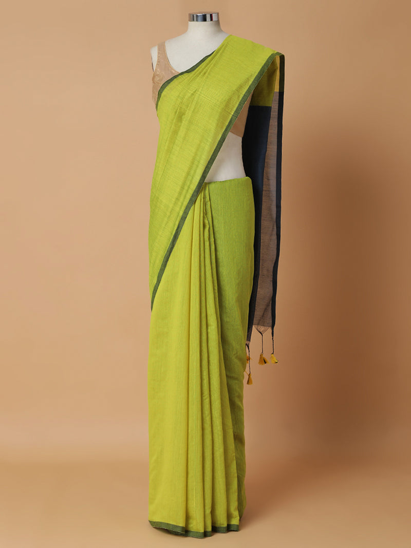 Vibrant Lime Green Cotton Saree-Binks