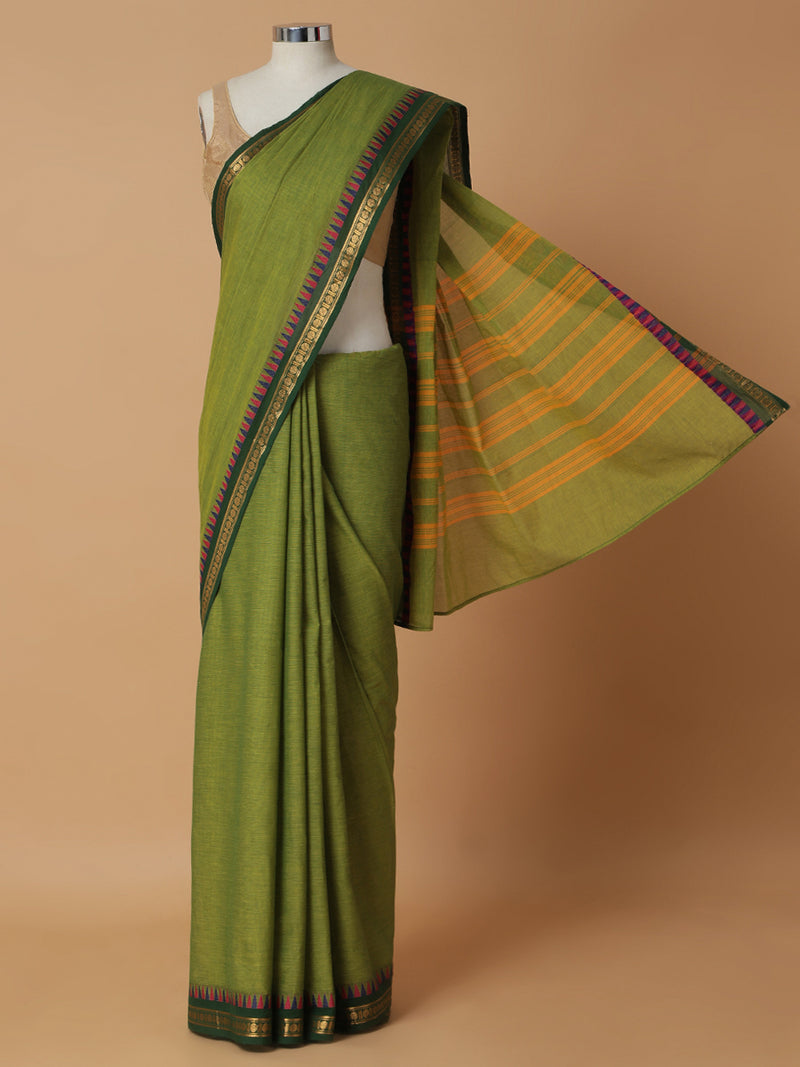 Olive Green Narayanpet Cotton Saree-Binks