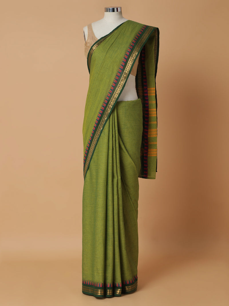 Olive Green Narayanpet Cotton Saree-Binks