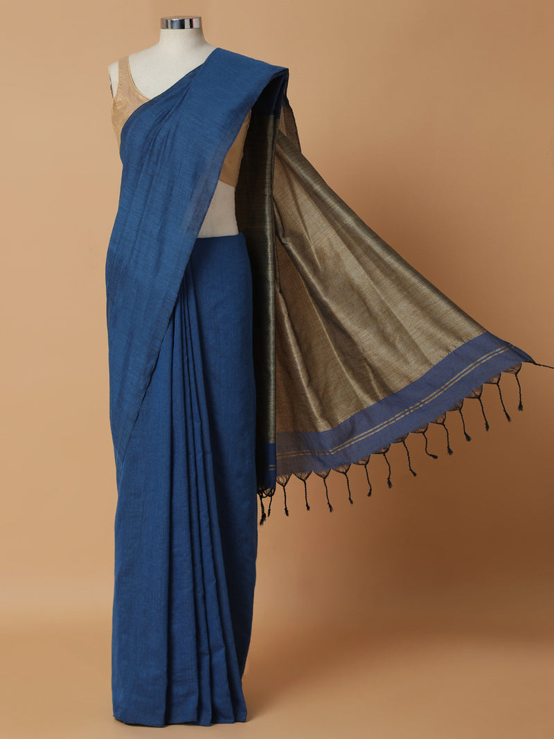 Deep Royal Blue Cotton Saree With Woven Zari Pallu-Binks
