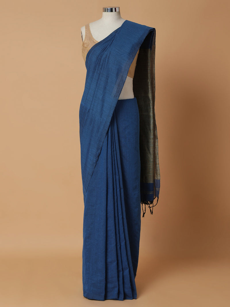 Deep Royal Blue Cotton Saree With Woven Zari Pallu-Binks