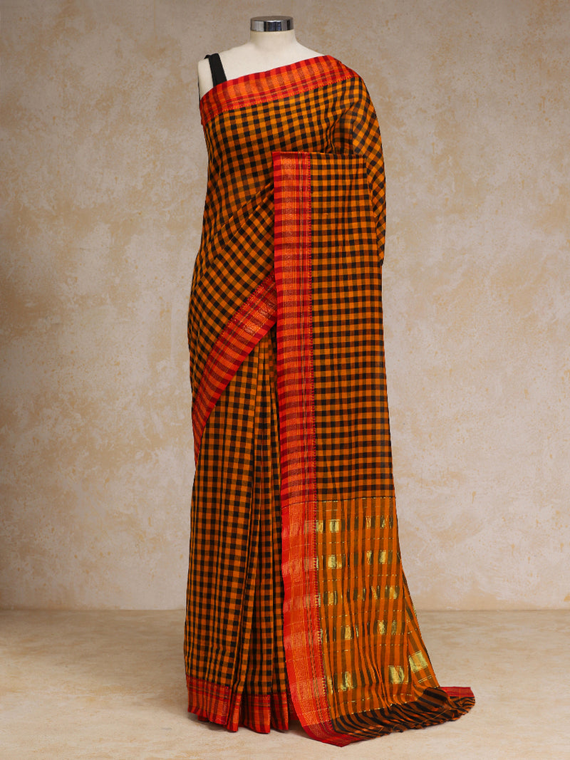 Mustard Yellow Check Cotton Silk Kanchi Chettinad Saree With Zari Border-Binks