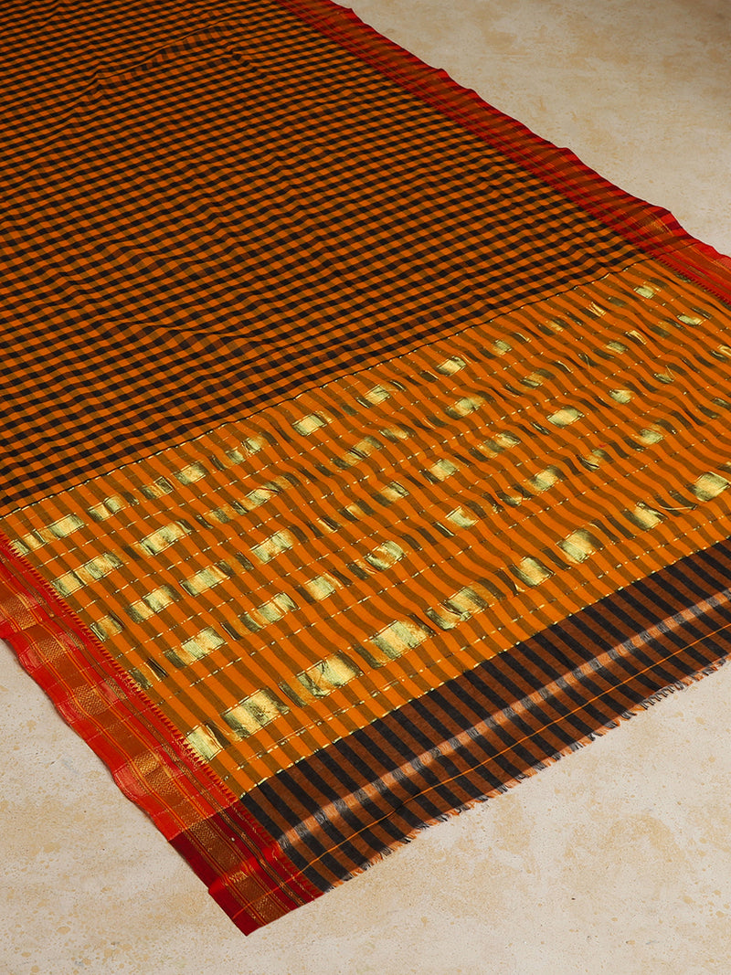 Mustard Yellow Check Cotton Silk Kanchi Chettinad Saree With Zari Border-Binks