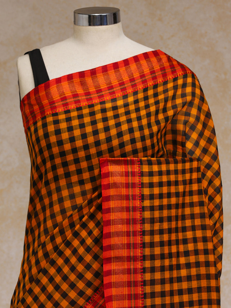 Mustard Yellow Check Cotton Silk Kanchi Chettinad Saree With Zari Border-Binks