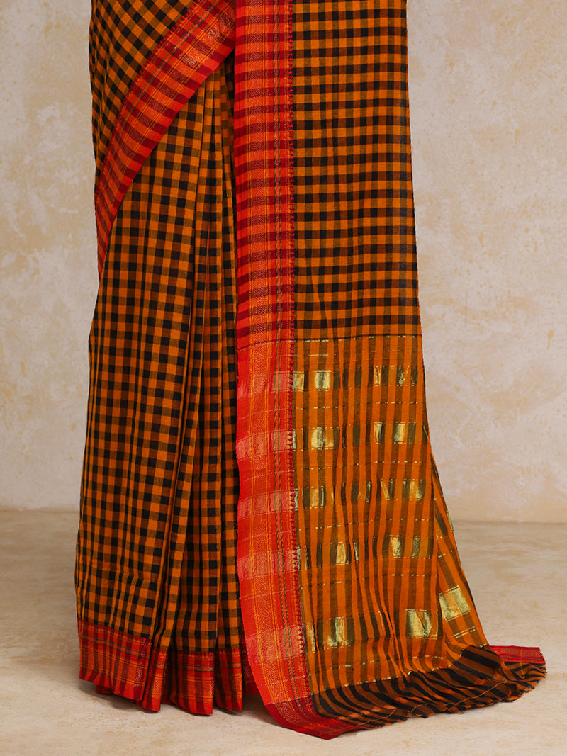 Mustard Yellow Check Cotton Silk Kanchi Chettinad Saree With Zari Border-Binks