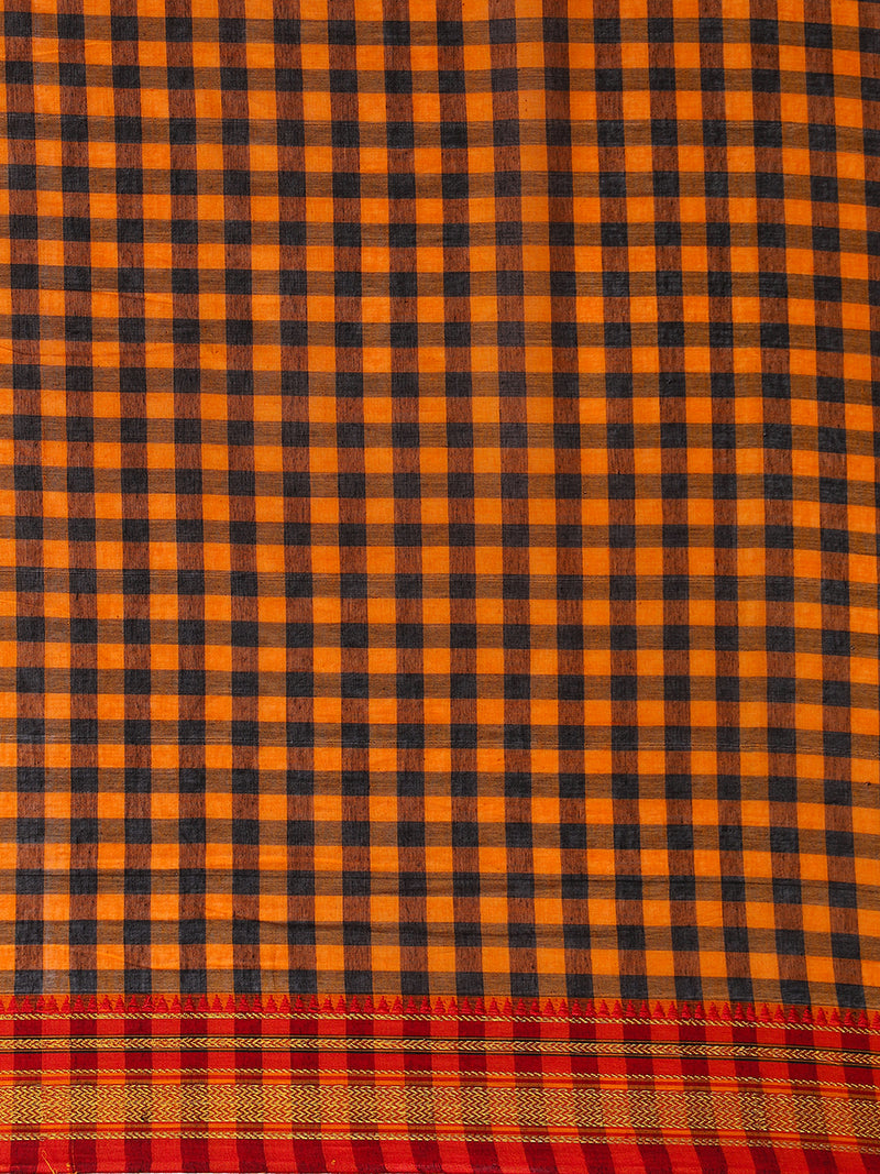 Mustard Yellow Check Cotton Silk Kanchi Chettinad Saree With Zari Border-Binks