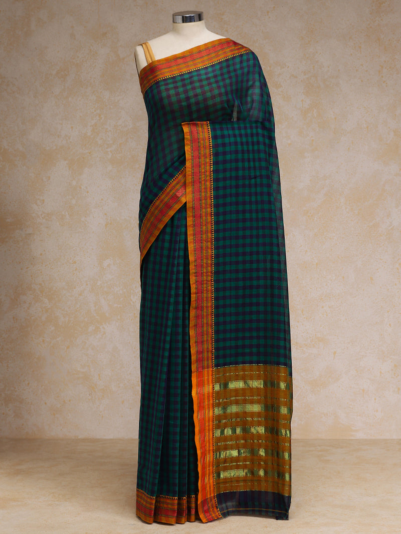 Dark Green Check Cotton Silk Kanchi Chettinad Saree With Zari Border-Binks
