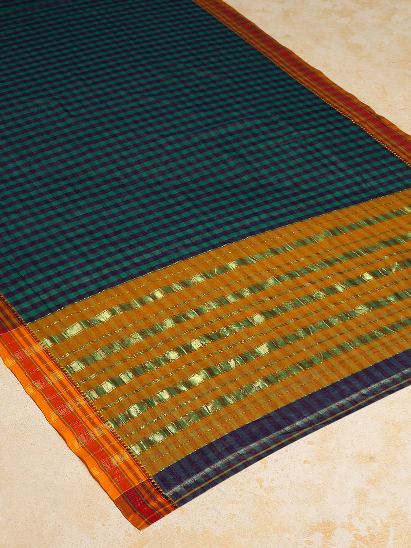 Dark Green Check Cotton Silk Kanchi Chettinad Saree With Zari Border-Binks