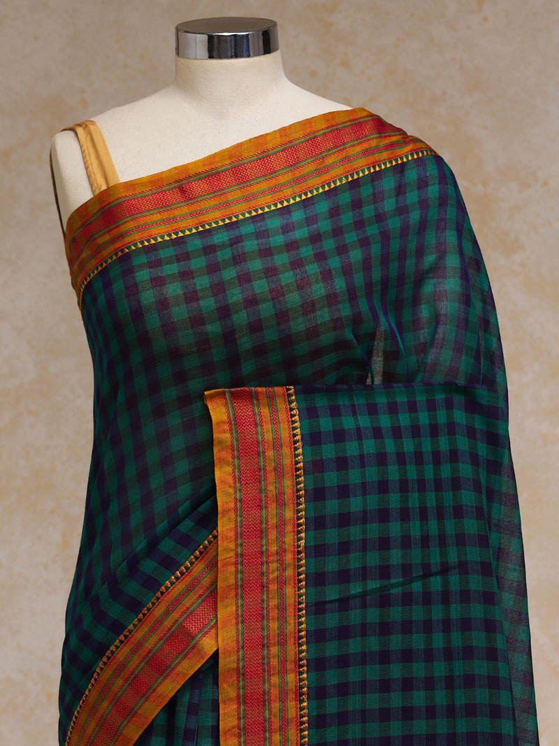 Dark Green Check Cotton Silk Kanchi Chettinad Saree With Zari Border-Binks