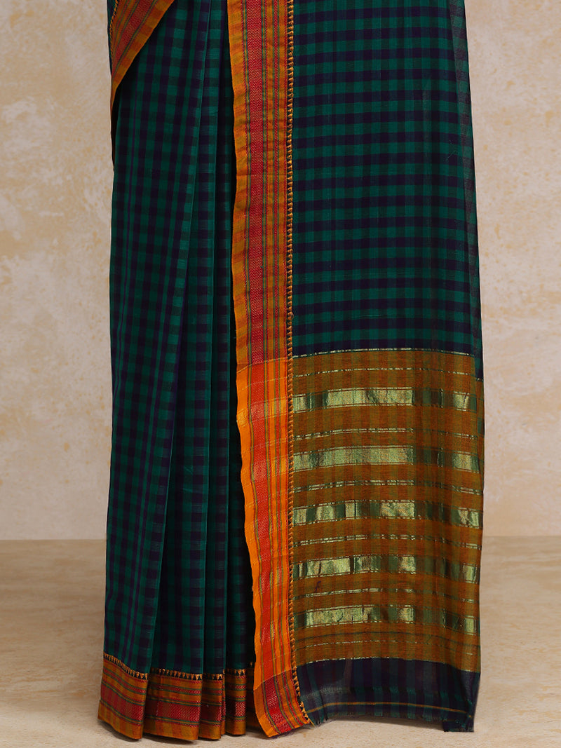 Dark Green Check Cotton Silk Kanchi Chettinad Saree With Zari Border-Binks