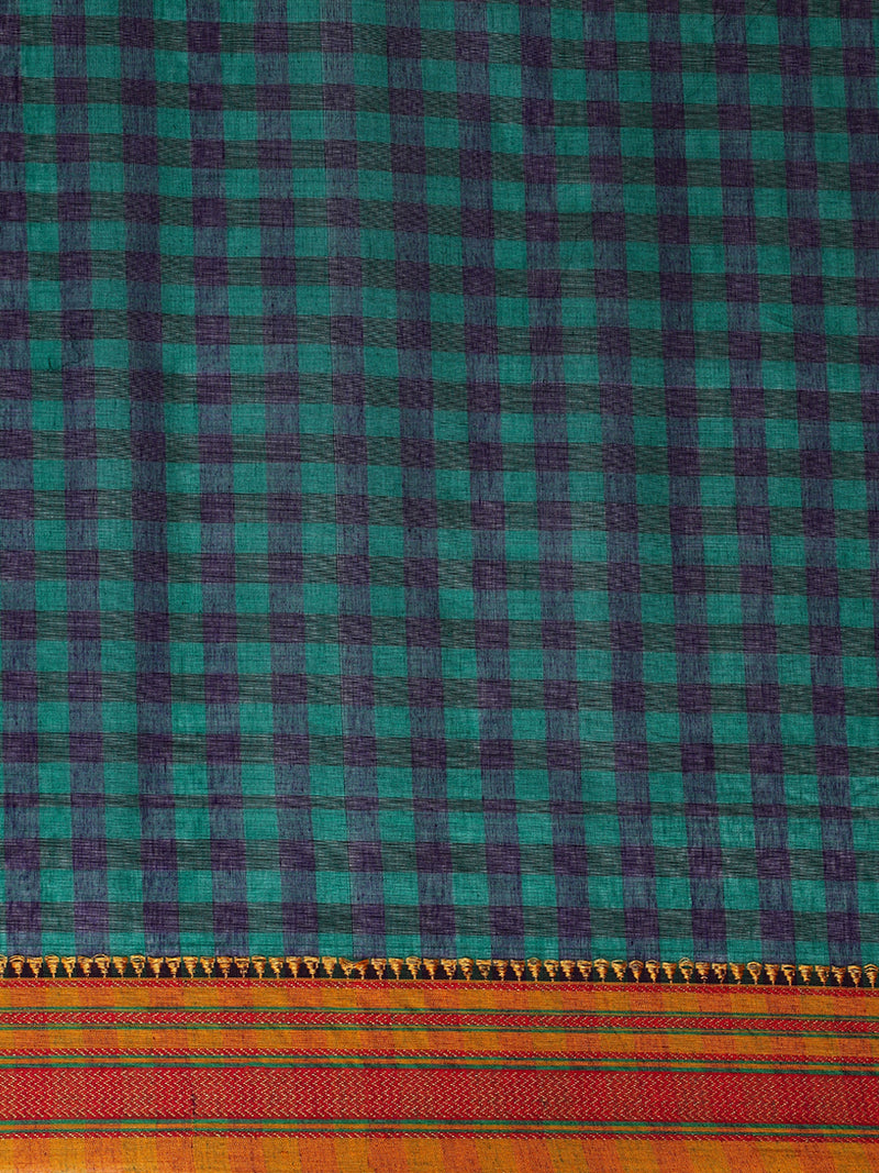 Dark Green Check Cotton Silk Kanchi Chettinad Saree With Zari Border-Binks