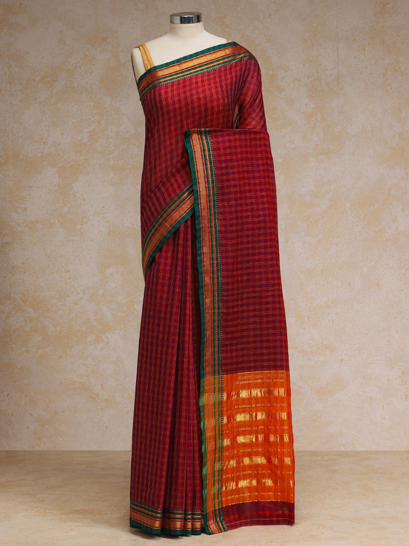 Deep Red Check Cotton Silk Kanchi Chettinad Saree With Zari Border-Binks