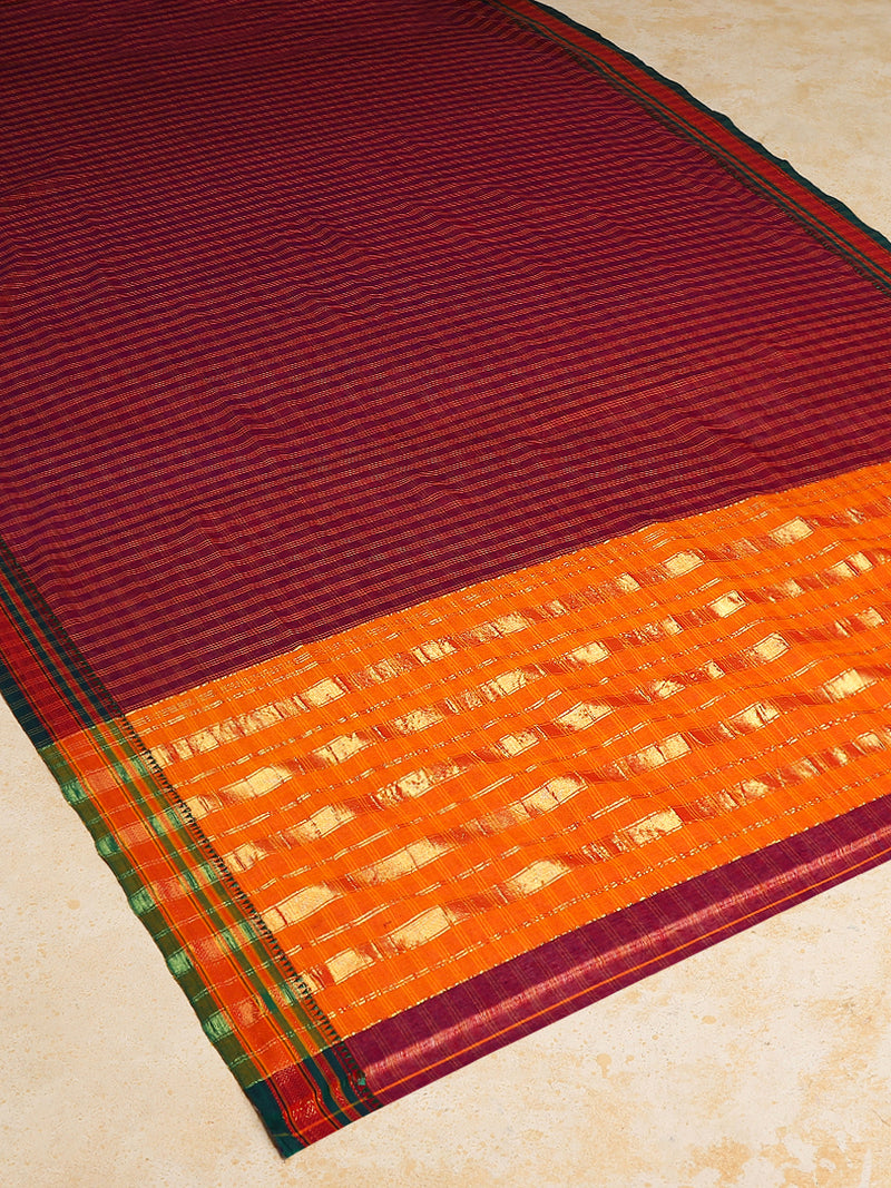 Deep Red Check Cotton Silk Kanchi Chettinad Saree With Zari Border-Binks