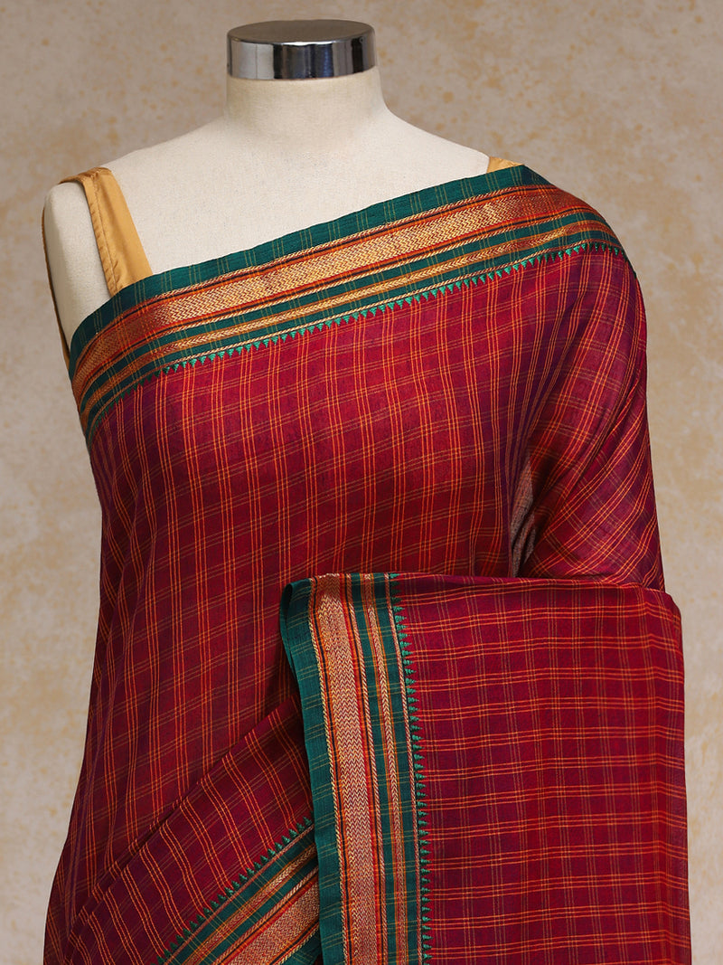 Deep Red Check Cotton Silk Kanchi Chettinad Saree With Zari Border-Binks