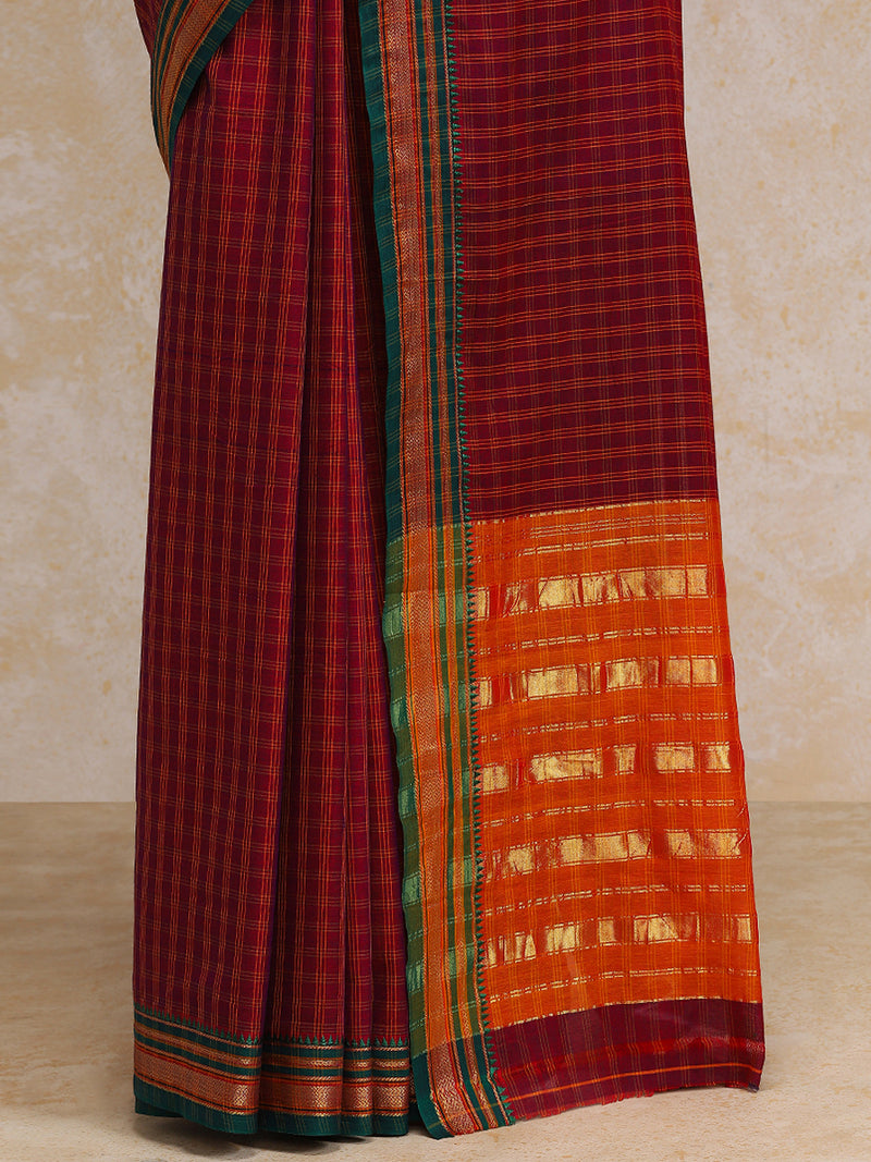 Deep Red Check Cotton Silk Kanchi Chettinad Saree With Zari Border-Binks