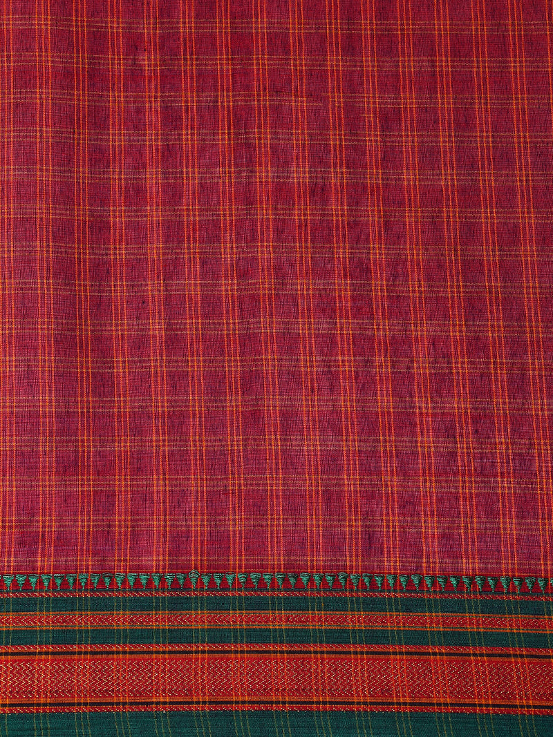 Deep Red Check Cotton Silk Kanchi Chettinad Saree With Zari Border-Binks