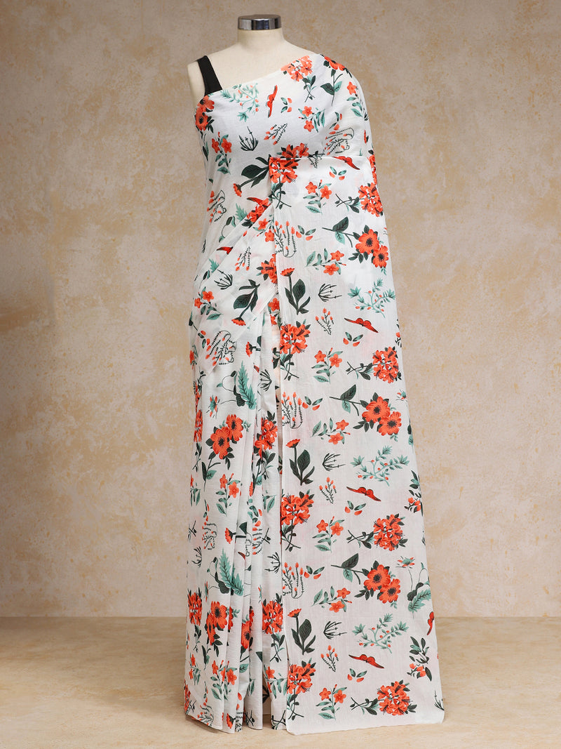Vibrant Red-Orange Floral Printed Cotton Saree-Binks