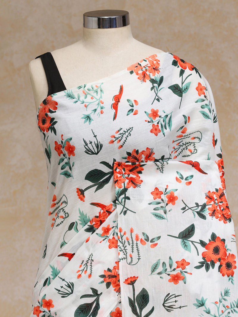 Vibrant Red-Orange Floral Printed Cotton Saree-Binks