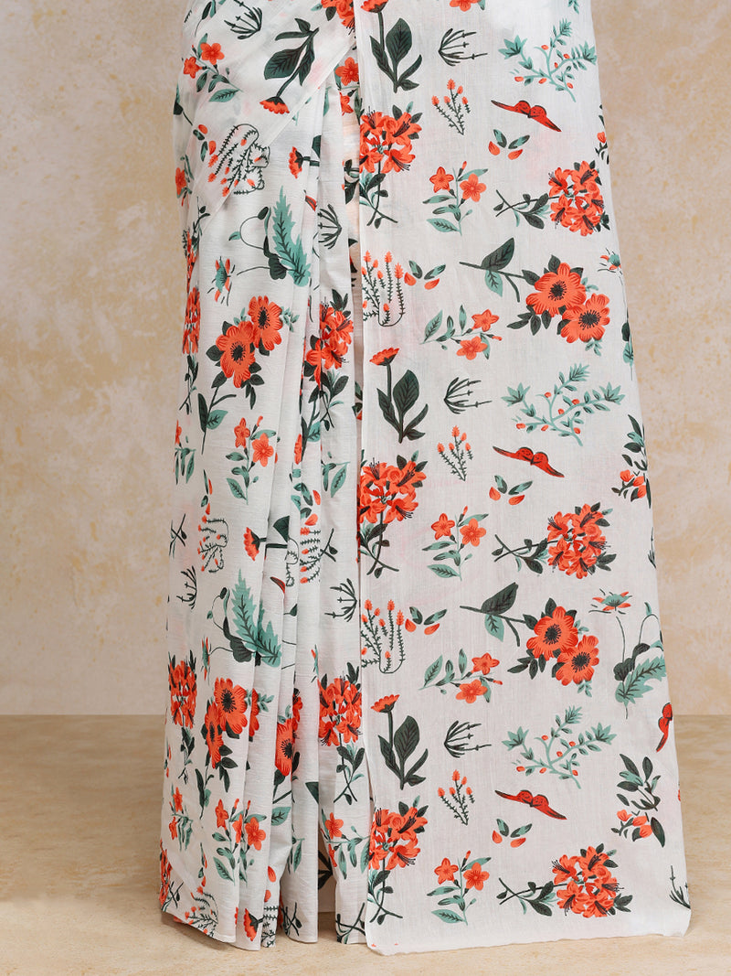 Vibrant Red-Orange Floral Printed Cotton Saree-Binks