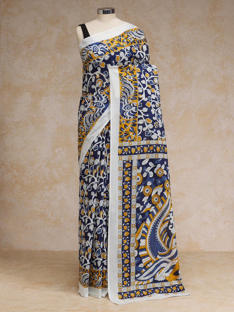 Indigo Bloom Block Print Cotton Saree-Binks