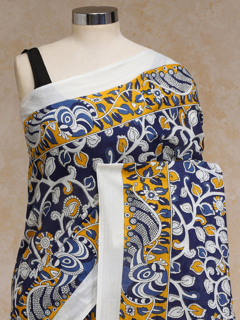 Indigo Bloom Block Print Cotton Saree-Binks