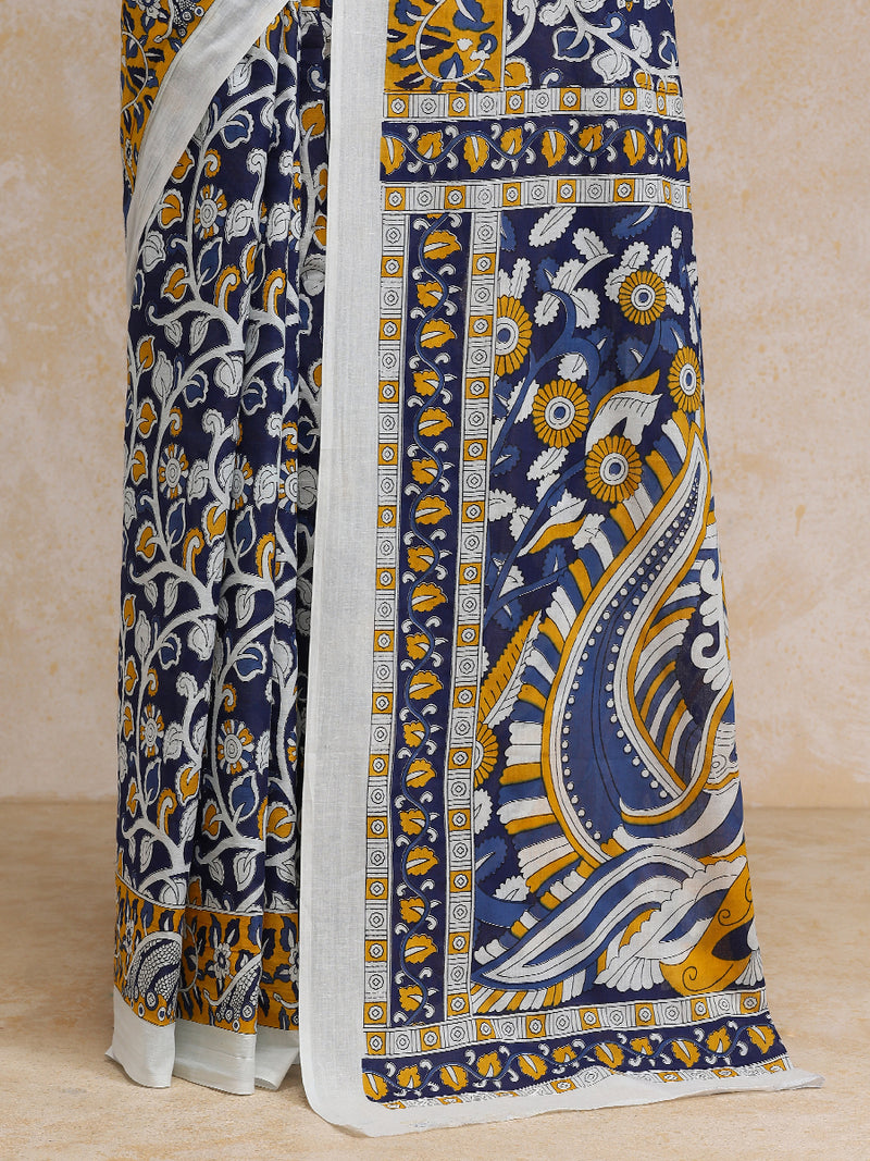 Indigo Bloom Block Print Cotton Saree-Binks