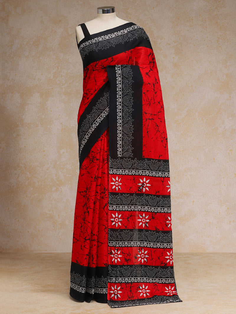 Red Black Batik Art Print Cotton Saree-Binks