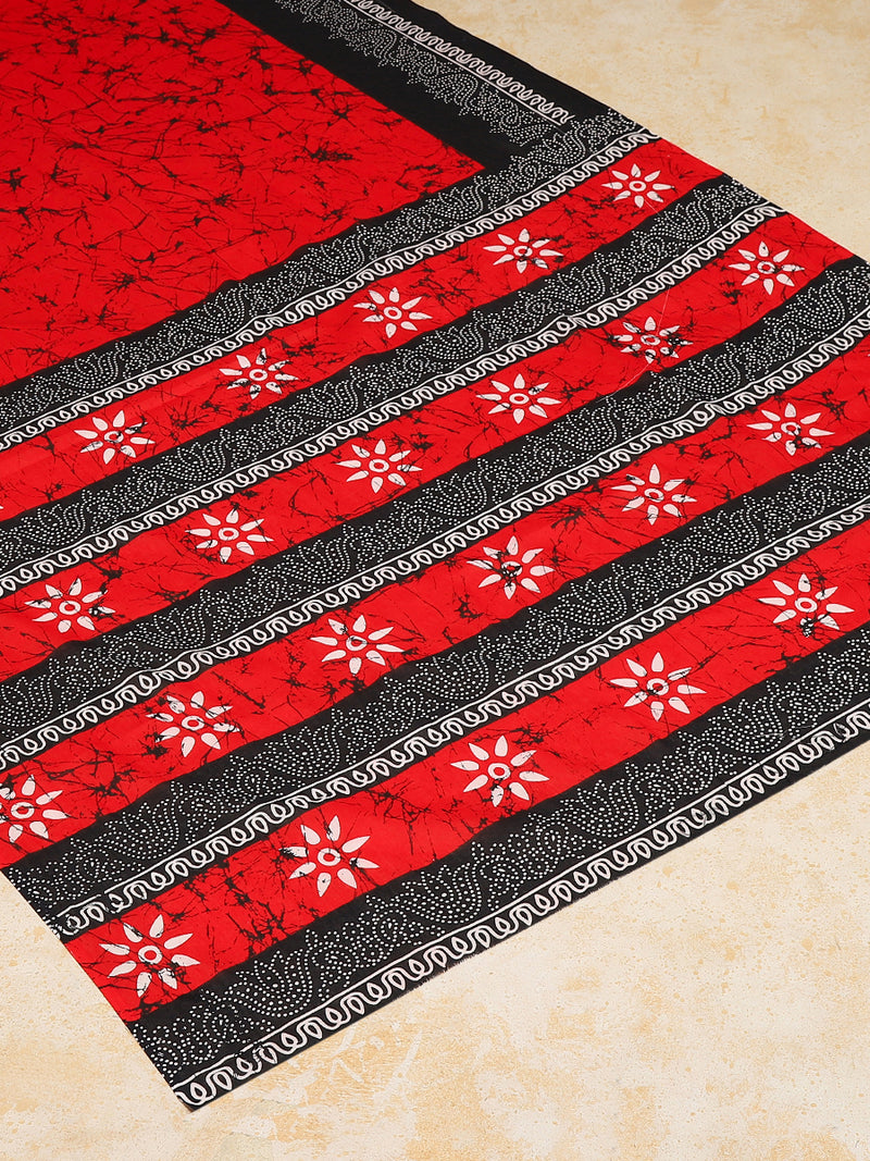 Red Black Batik Art Print Cotton Saree-Binks