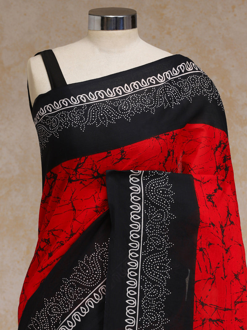 Red Black Batik Art Print Cotton Saree-Binks