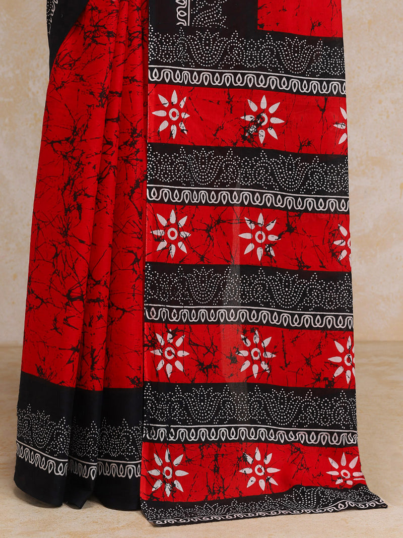 Red Black Batik Art Print Cotton Saree-Binks