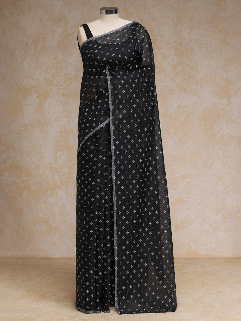 Black Cotton Saree With White Butti Print-Binks