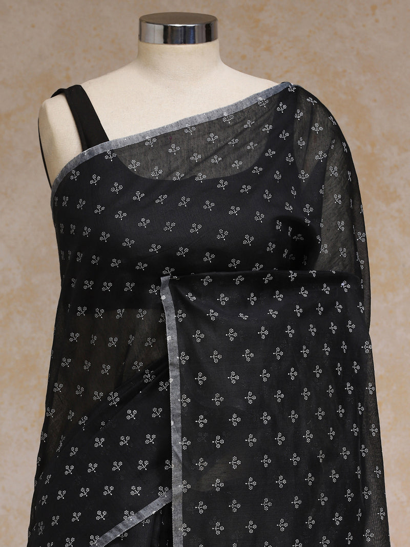 Black Cotton Saree With White Butti Print-Binks