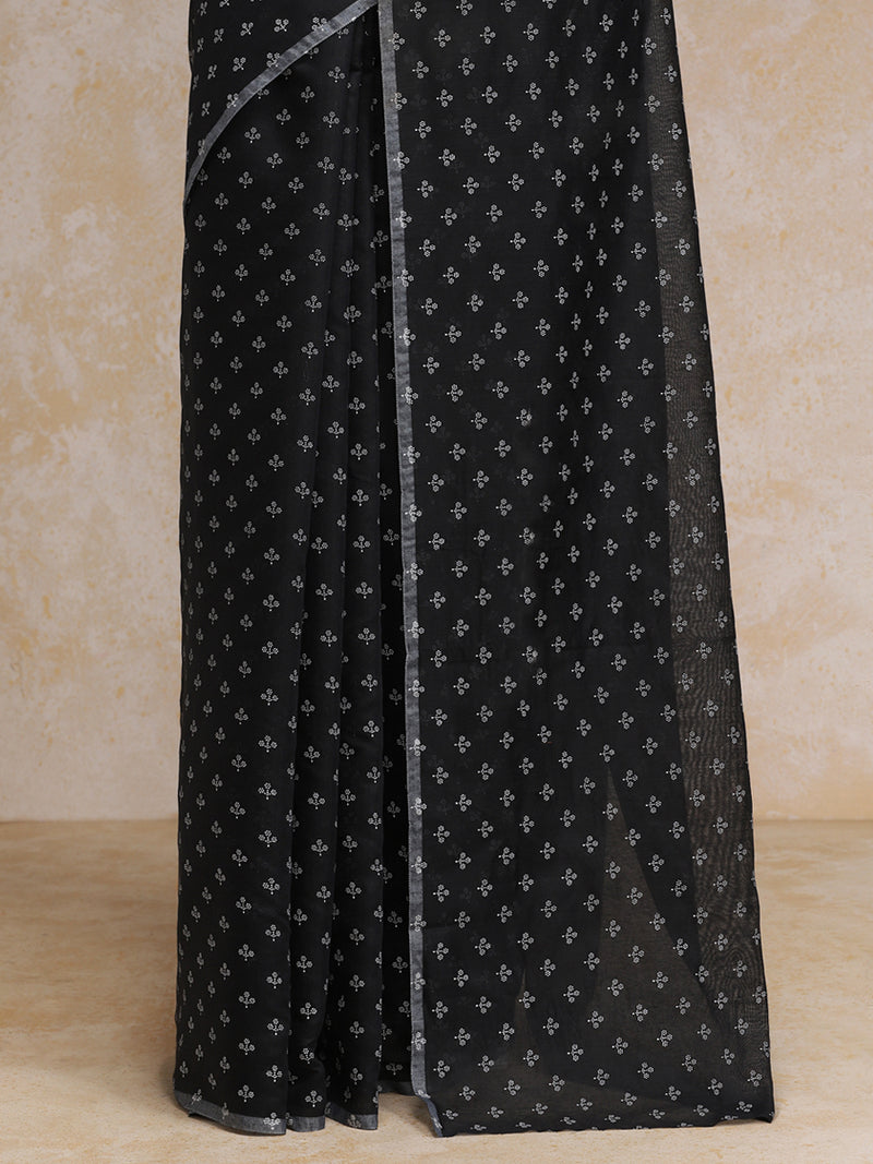 Black Cotton Saree With White Butti Print-Binks