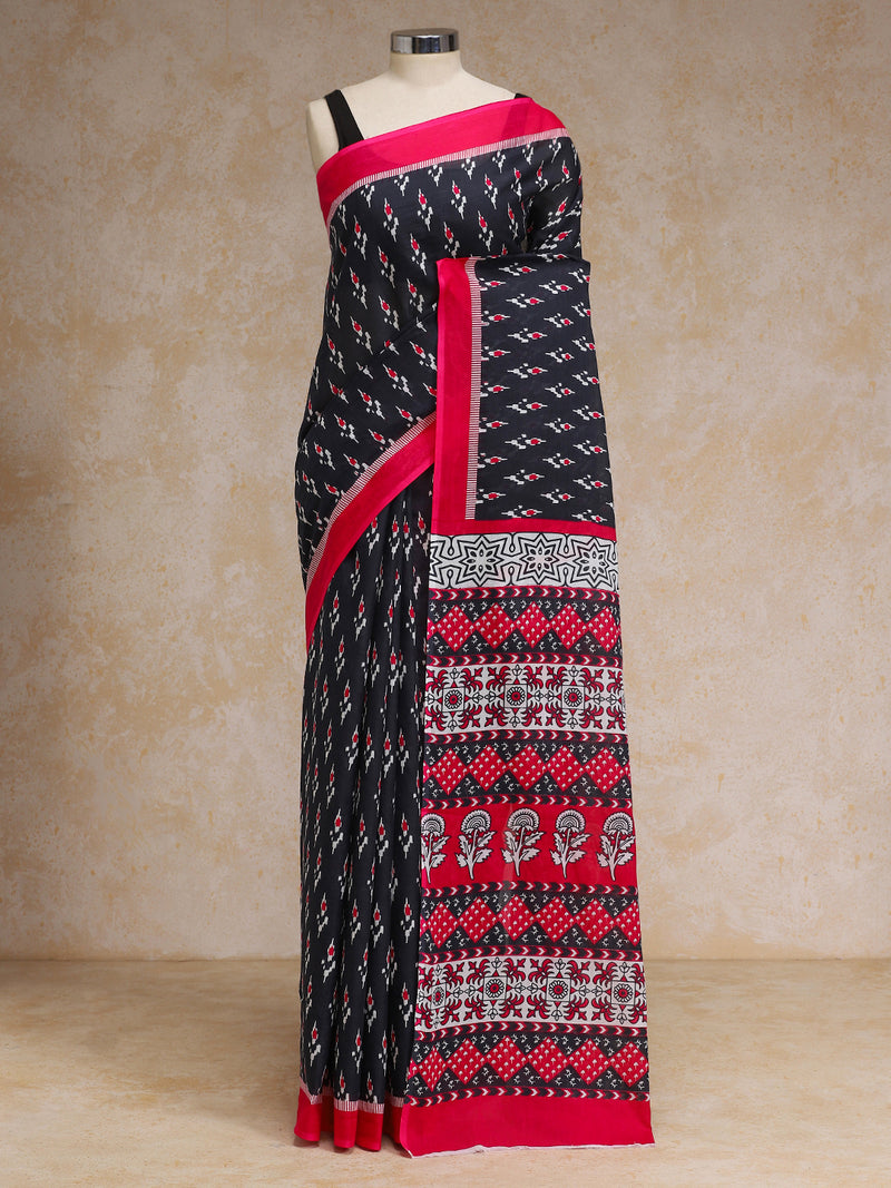 Black Ikat Print Cotton Saree With Red Border And Block Print Pallu-Binks