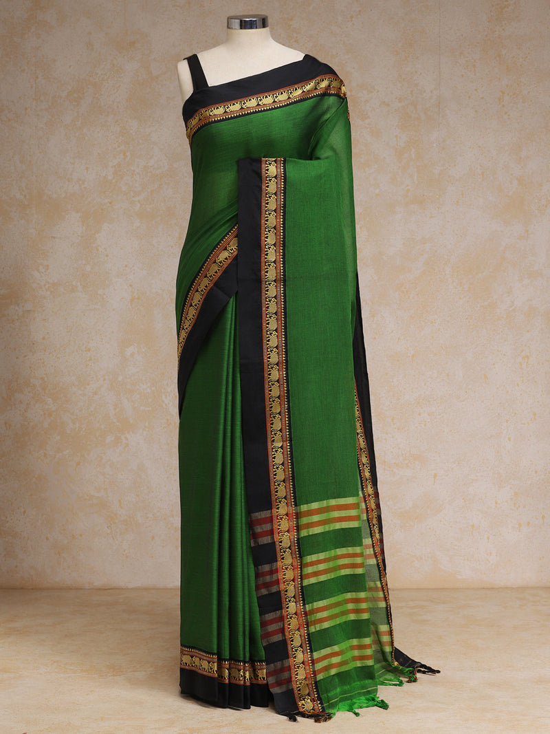 Parrot Green Elephant Border Handloom Cotton Narayanpet Saree-Binks