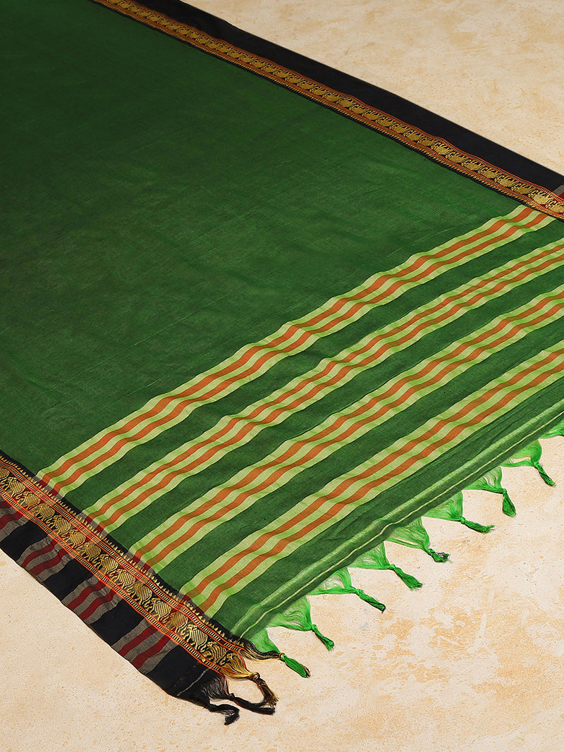 Parrot Green Elephant Border Handloom Cotton Narayanpet Saree-Binks