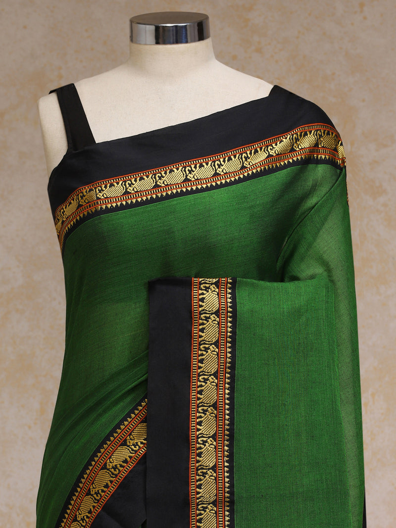 Parrot Green Elephant Border Handloom Cotton Narayanpet Saree-Binks