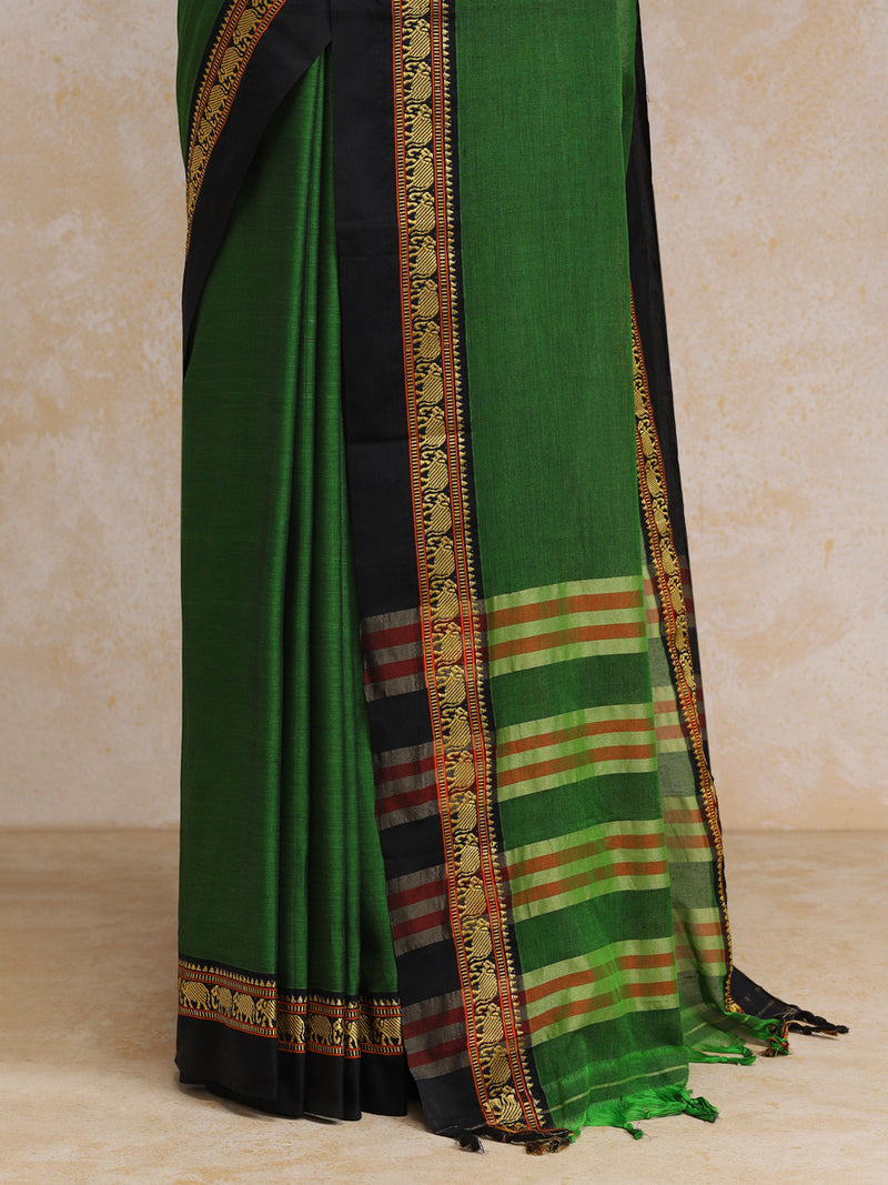 Parrot Green Elephant Border Handloom Cotton Narayanpet Saree-Binks