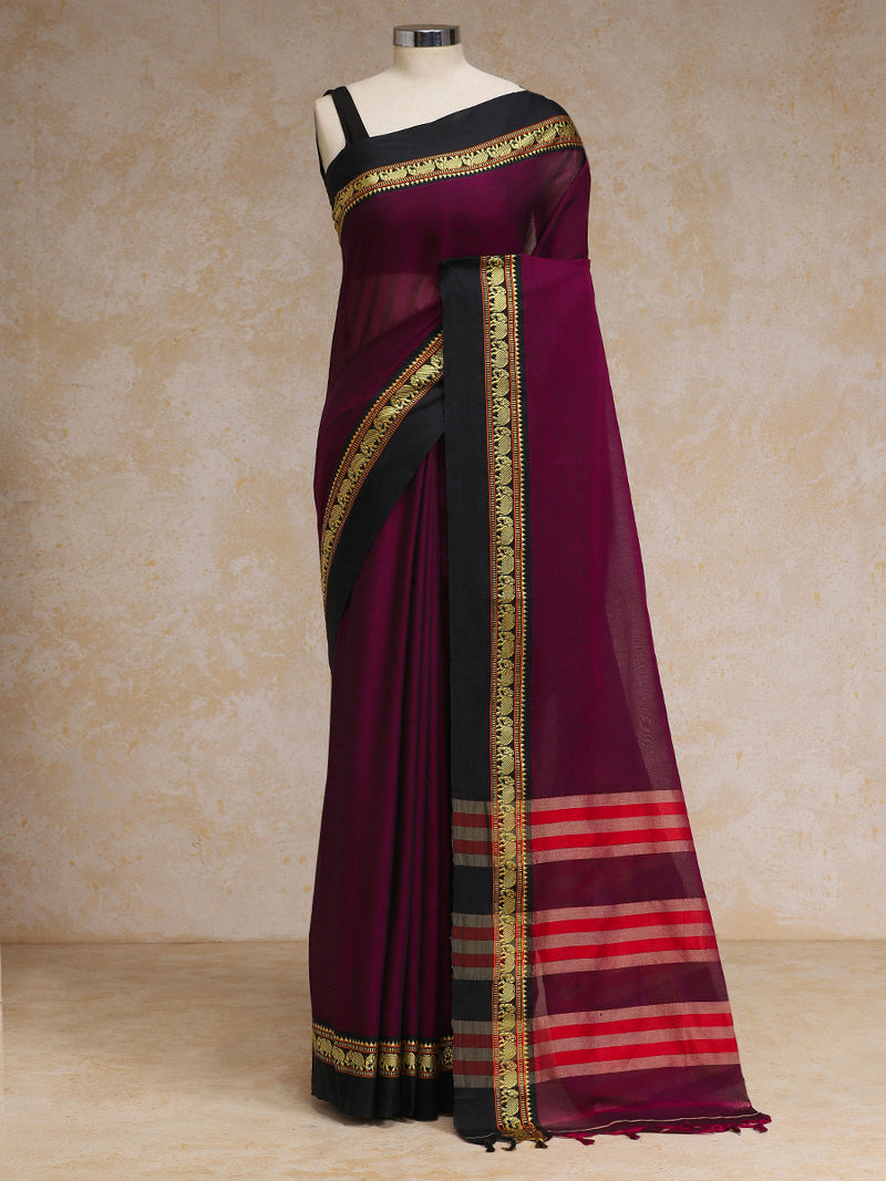Deep Maroon Elephant Border Handloom Cotton Narayanpet Saree-Binks
