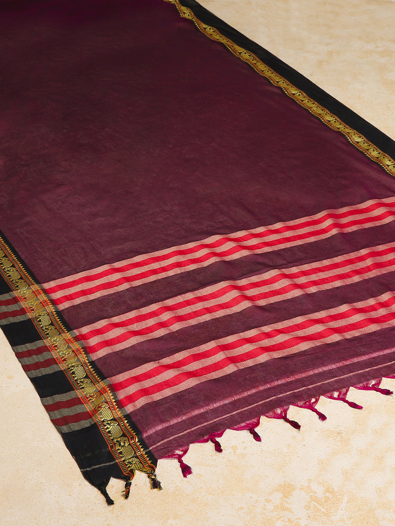 Deep Maroon Elephant Border Handloom Cotton Narayanpet Saree-Binks