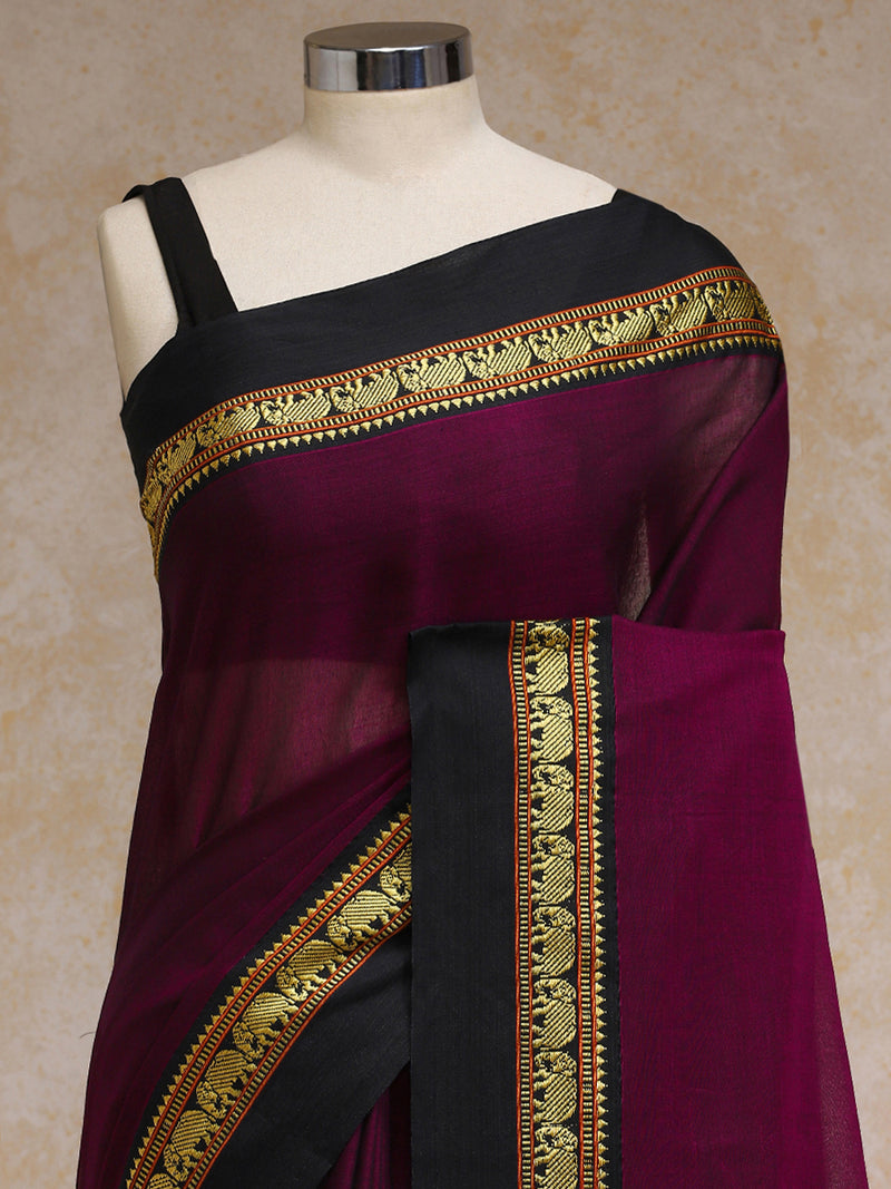 Deep Maroon Elephant Border Handloom Cotton Narayanpet Saree-Binks