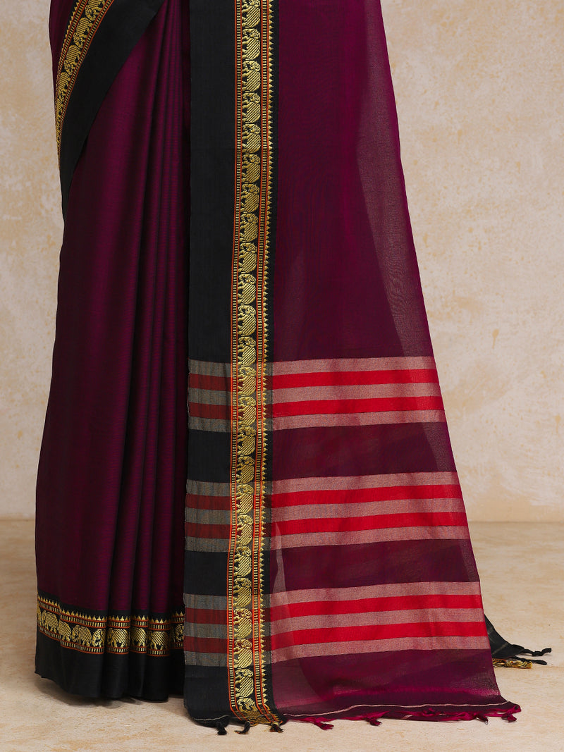 Deep Maroon Elephant Border Handloom Cotton Narayanpet Saree-Binks