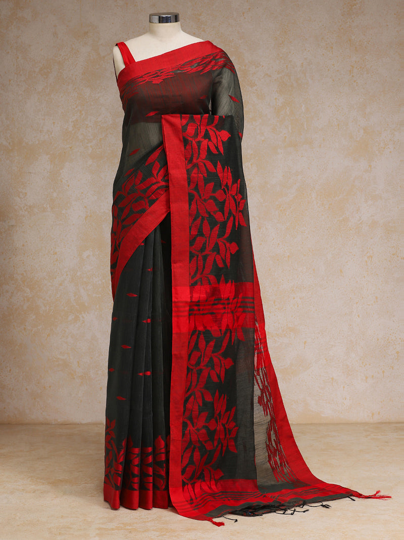 Black And Red Floral Pattern Woven Cotton Saree-Binks