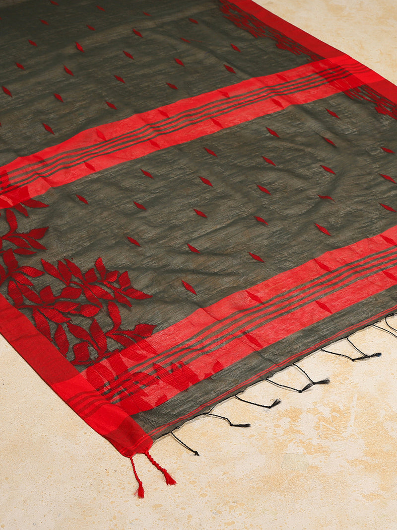Black And Red Floral Pattern Woven Cotton Saree-Binks