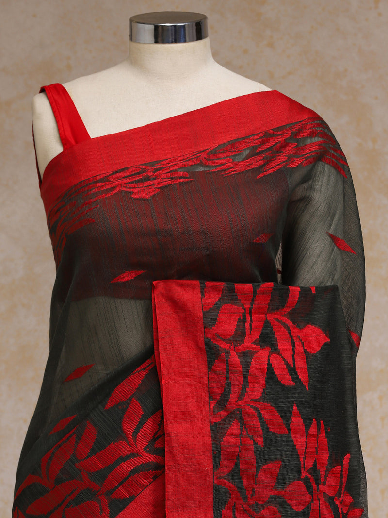 Black And Red Floral Pattern Woven Cotton Saree-Binks