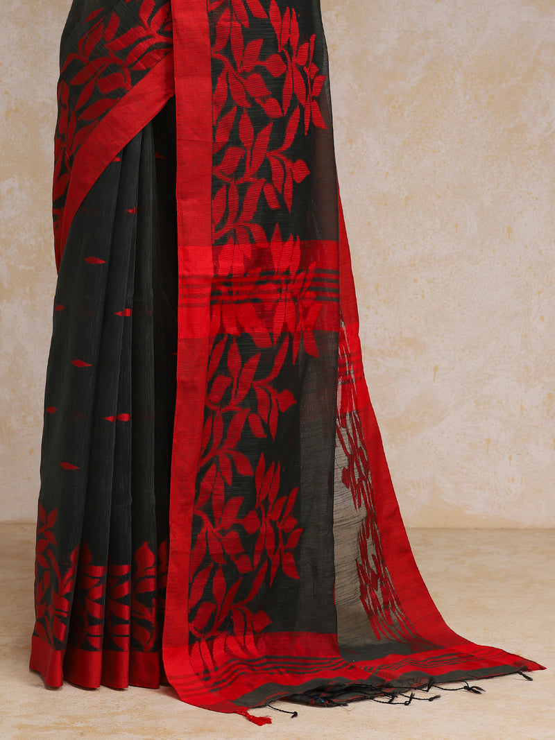 Black And Red Floral Pattern Woven Cotton Saree-Binks