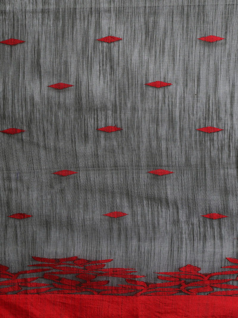 Black And Red Floral Pattern Woven Cotton Saree-Binks